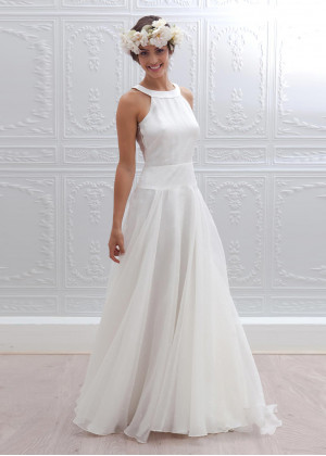 Ivory Polka Dot Organza Sheer Back Modern Long Wedding Dress